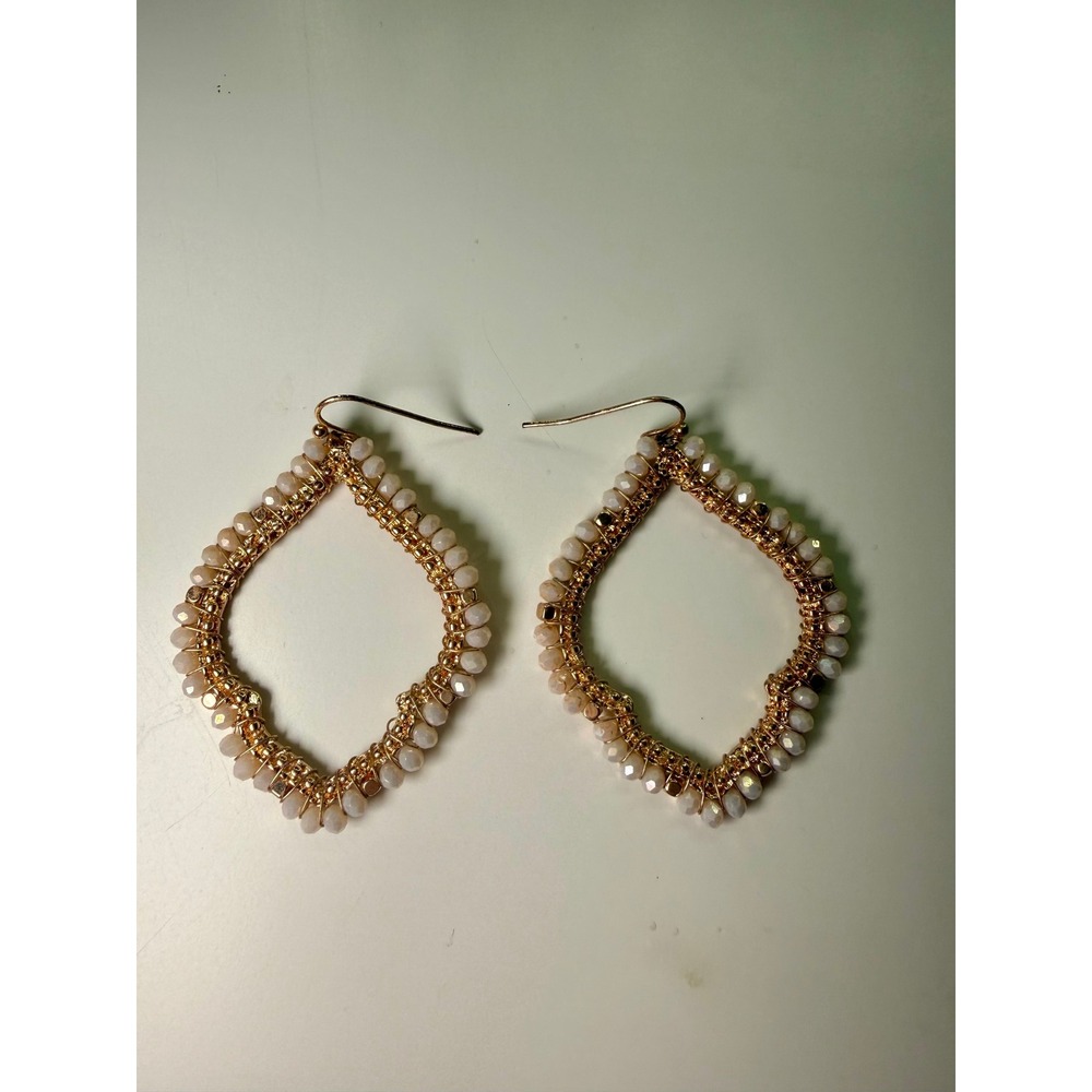Gold Tone Beaded Diamond Hoop Earrings Cream Faceted Beads Boho Dangle